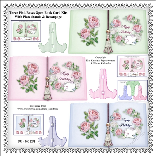 Three Pink Roses Open Book Card Kits With Plate Stands & Decoupage