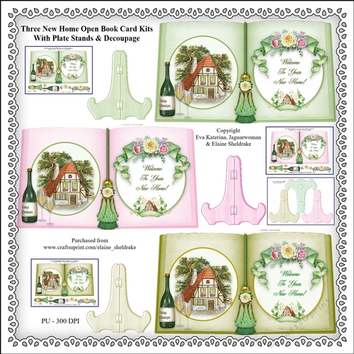 Three New Home Open Book Card Kits With Plate Stands & Decoupage