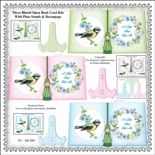 Three A Little Bird Told Me Bluetit & Forget-me-not Open Book Card Kits With Plate Stands & Decoupage