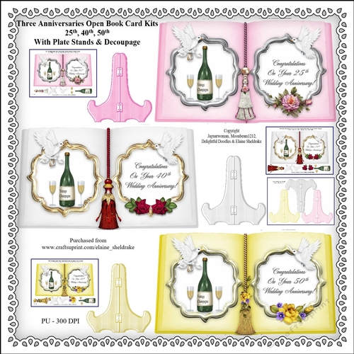 Three Wedding Anniversaries Open Book Card Kits With Plate Stands & Decoupage