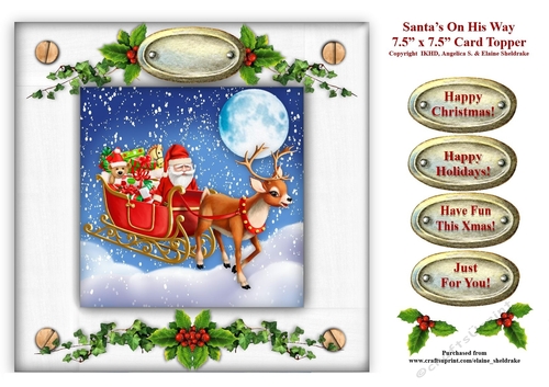 Santas On His Way - 7.5 x 7.5 Card Topper With Tags