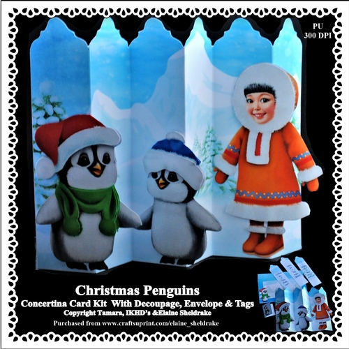 Christmas Penguins Concertina Card Kit With Decoupage + Tags & Matching Envelope