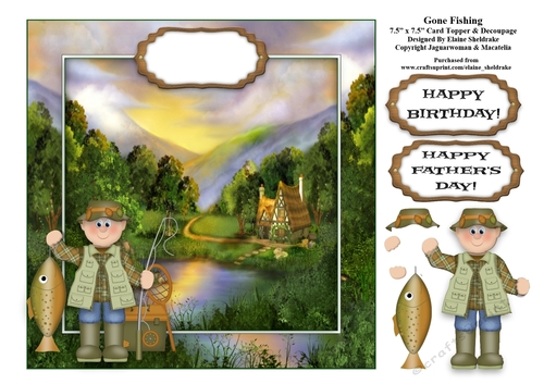 Gone Fishing - 7.5 x 7.5 Card Topper With Decoupage For Birthday Or Fathers Day