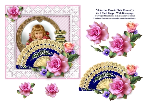 Victorian Fan & Pink Roses (1) - 6 x 6 Card Topper With Decoupage