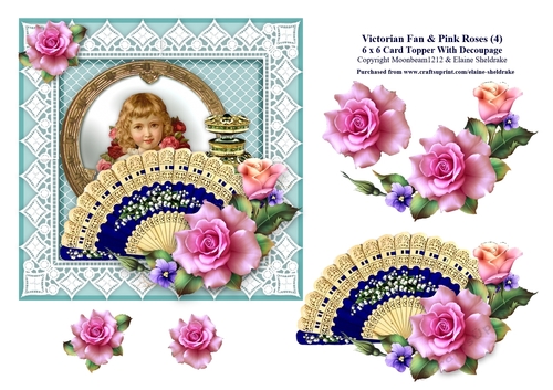 Victorian Fan & Pink Roses (4) - 6 x 6 Card Topper With Decoupage