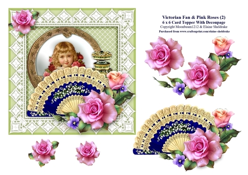 Victorian Fan & Pink Roses (2) - 6 x 6 Card Topper With Decoupage