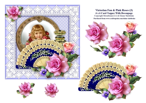 Victorian Fan & Pink Roses (3) - 6 x 6 Card Topper With Decoupage