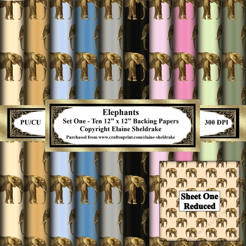 Elephants - Set Of Ten Beautiful Golden Elephant Backing Papers