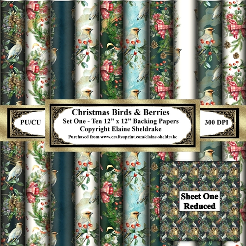 Christmas Birds & Berries - Ten 12 x 12 Sheets of Backing Paper