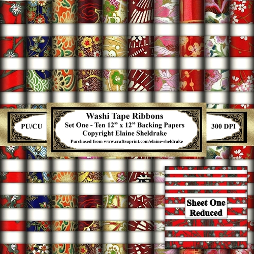 Japanese Washi Paper Ribbon Tapes - Set One - Ten Sheets Of 12 x 12 Papers