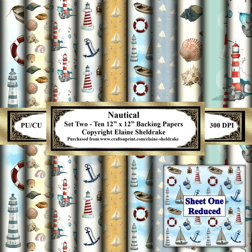 Nautical With Lighthouses - Set Two - Ten 12 x 12 Printable Backing Paper Set