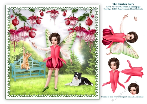 The Fuschia Flower Fairy - 7.5 x 7.5 Printable Card Topper With Decoupage