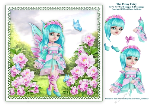 The Peony Flower Fairy - 7.5 x 7.5 Printable Card Topper With Decoupage