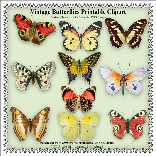 Vintage Butterflies - Printable Clipart - Set One - Designers Resource Kit