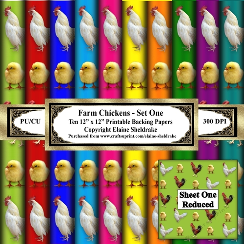 Farm Chickens - Set One - Ten 12 x 12 Printable Sheets Of Backing Paper