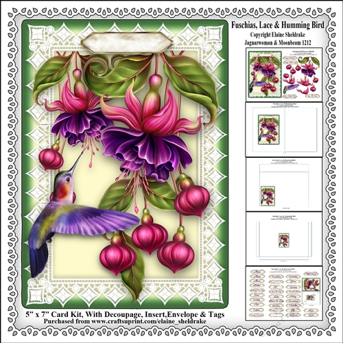 Fuschias, Lace & Humming Bird - 5 x 7 Card Kit With Decoupage, Insert, Envelope & Masses Of Tags 