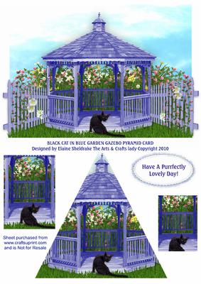 Black Cat in Flower Garden & Blue Gazebo Pyramid Card Front