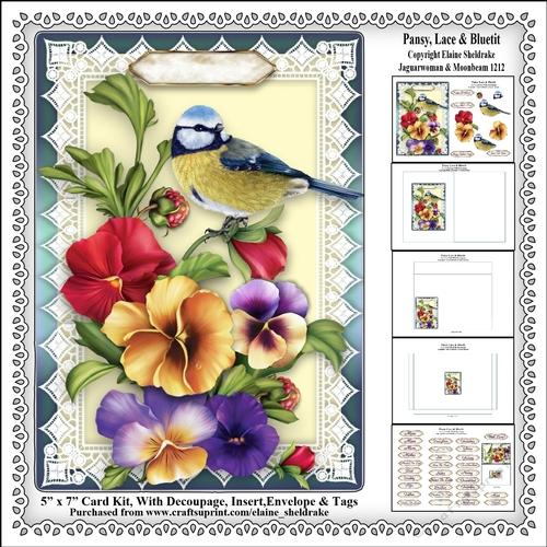 Pansy, Lace & Bluetit - 5 x 7 Card Kit With Decoupage, Insert, Envelope & Masses Of Tags