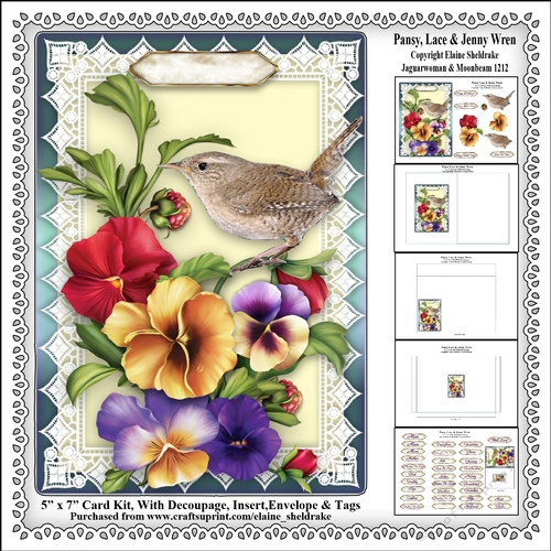 Pansy, Lace & Jenny Wren - 5 x 7 Card Kit With Decoupage, Insert, Envelope & Masses Of Tags