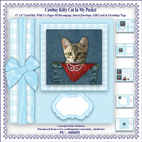 Cowboy Kitty In My Pocket - Printable 6 x 6 Card Kit With Decoupage, Insert, Envelope & Masses Of Tags