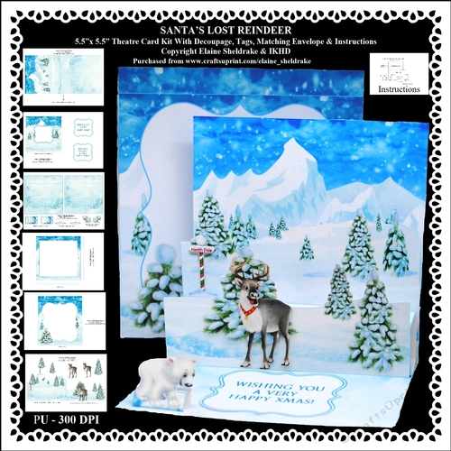 Santas Lost Reindeer - 5.5 x 5.5  3D Pop Up Theater Easel Card Kit With Instructions