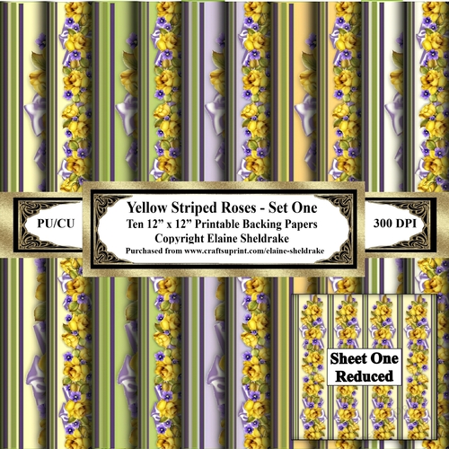 Yellow Striped Roses - Set One - Ten 12 x 12 Printable Sheets Of Paper