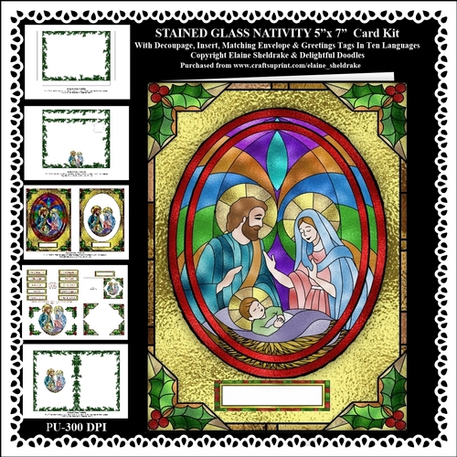 Stained Glass Nativity - 5 x 7 Printable Card Kit With Decoupage,Insert,Envelope,Gift Card & Greetings Tags in Ten Languages