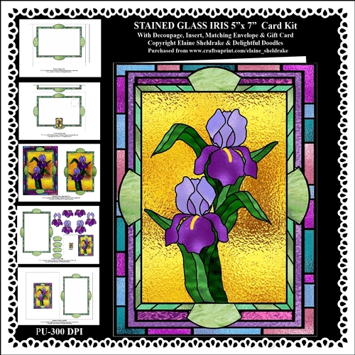 5 x 7 Stained Glass Iris Flowers Stained Glass - 5 x 7 Printable Card Kit With Decoupage,Insert,Envelope,Gift Card 