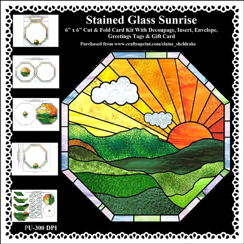Stained Glass Art Deco Sunrise - 6 x 6 Printable Card Kit With decoupage, Insert, Envelope,Tags & Gift Card