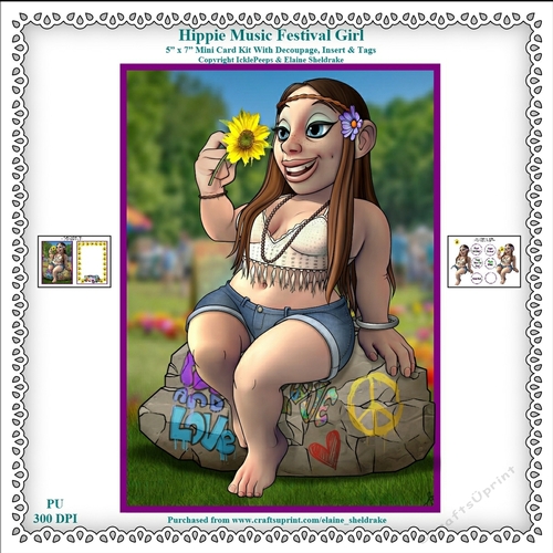 Hippie Music Festival Girl 0 5 x 7 Mini Card Kit With Decoupage, Insert & Tags
