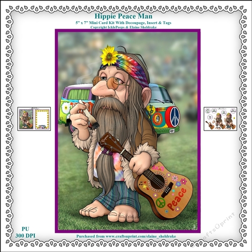 Hippie Peace Man - Printable 5 x 7 Mini Card Kit With Decoupage, Insert & Tags