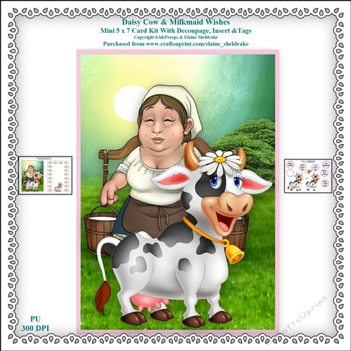 Daisy Cow & Milkmaid Wishes - Printable 5 x 7 Mini Card Kit With Decoupage, Insert & Tags