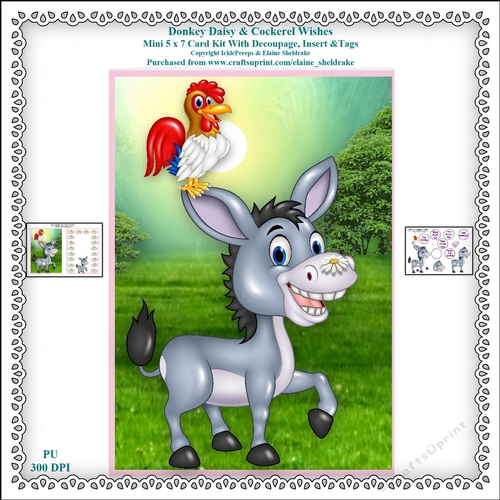 Donkey Daisy And Cockerel Wishes - Printable 5 x 7 Mini Card Kit With Decoupage, Insert & Tags