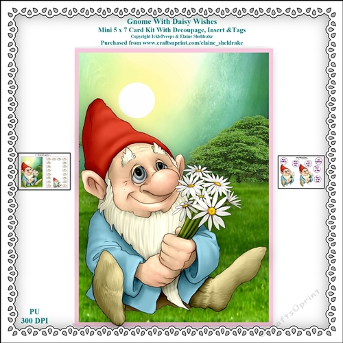 Gnome With Daisy Wishes - Printable 5 x 7 Mini Card Kit With Decoupage, Insert and Tags