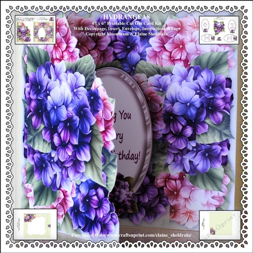 Hydrangeas - 6 x 6 Floral Printable Cut Out Card Kit With Decoupage, Insert, Envelope, Tags & Instructions