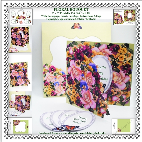 Floral Bouquet - 6 x 6 Floral Printable Cut Out Card Kit With Decoupage, Insert, Envelope, Tags & Instructions