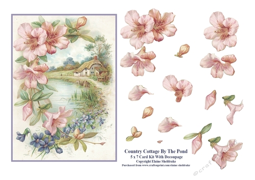 Country Cottage By The Pond - Vintage 5 x 7 Card Topper With Decoupage