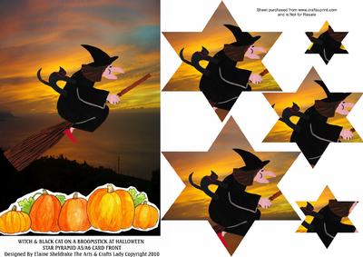 Witch & Black Cat on Broomstick Halloween Star Pyramid A5 A6