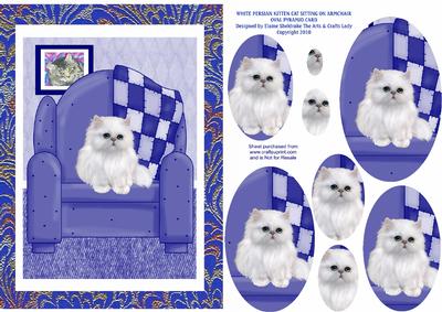 White Persian Kitten Cat on Blue Armchair Oval Pyramid Card