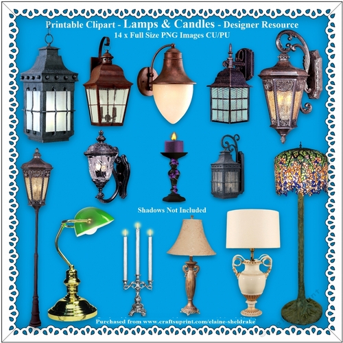 Printable Clipart - Lamps & Candles - 14 x PNG Full Size Images - Designer Resource - CU/PU