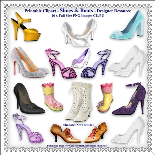 Printable Clipart - Shoes & Boots - 16 x PNG Full Size Images - Designer Resource - CU/PU