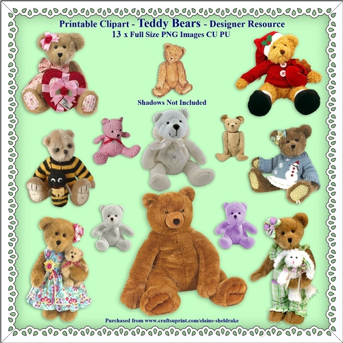 Printable Clipart - Teddy Bears - 13 x PNG Full Size Images - Designer Resource - CU/PU