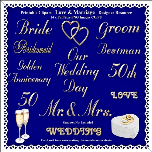 Printable Clipart - Love & Marriage Gold - 14 x PNG Full Size Images - Designer Resource - CU/PU