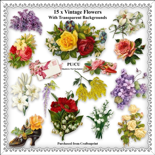 Printable Clipart - Vintage Flowers - Designer Resource - 15 x Images With Transparent Backgrounds - CU/PU
