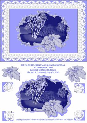 Blue & White Christmas Holiday Poinsettia Scene 3D Decoupage