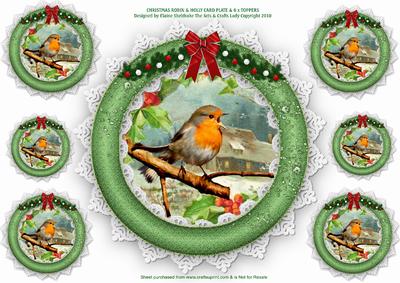 Christmas Robin & Holly Plate + 6 x Toppers
