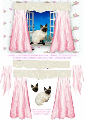 Siamese Cat in Paradise Window with Pink Curtains Decoupage