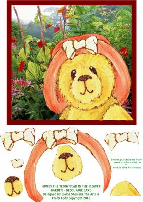 Honey the Teddy Bear in the Flower Garden - Decoupage Card