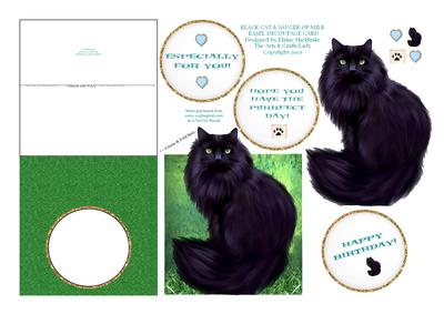 Lucky Black Cat & Saucer of Milk Easel Decoupage Card Sheet