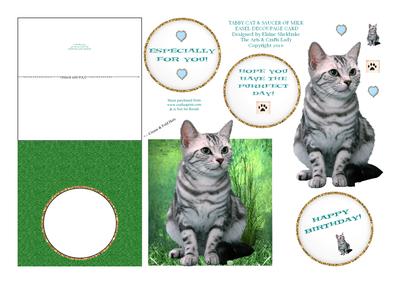 Tabby Cat & Saucer of Milk Easel Decoupage Card Sheet